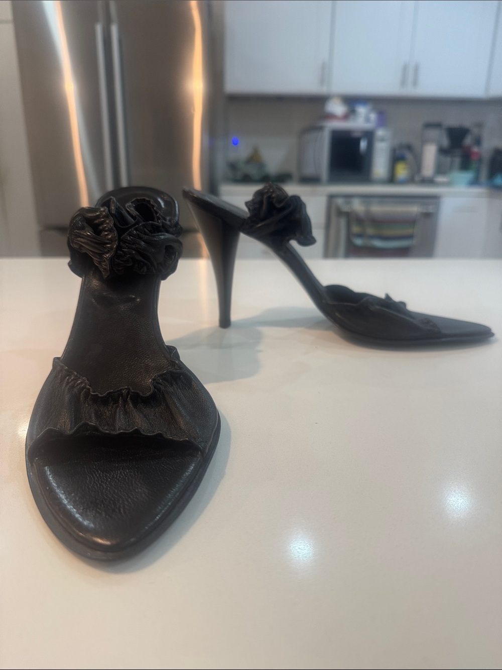 OBLINE Black Ruffled Open-Toe Stiletto Heels